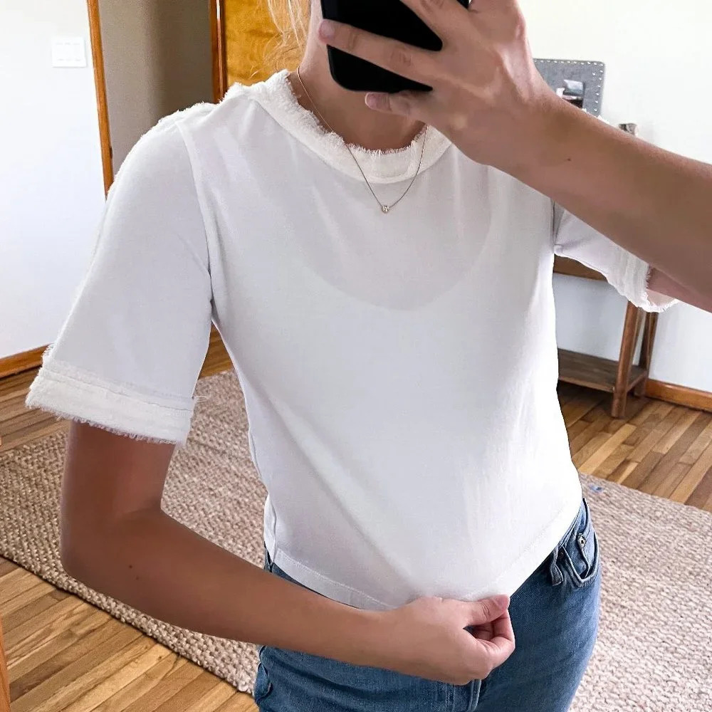 3.1 Phillip Lim White Ruffled Hem Designer Classic Crew Neck Short Sleeve Tee XS
